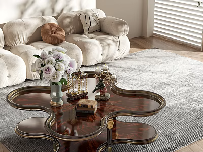 Elegant Classic Coffee Table In Living Room With Flowers Candle Holders And Sunlight 3d model