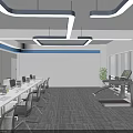 Modern Public Office Space Featuring Hanging Lights Large Screen Laptops Colorful Carpet and Graffiti Wall