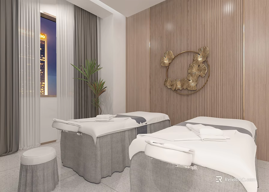 Serene SPA Wellness Room With Two Massage Beds White Linens And Wooden Wall Decor 3d model 