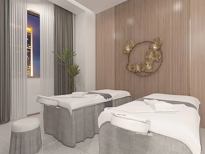 Serene SPA Wellness Room With Two Massage Beds White Linens And Wooden Wall Decor 3d model