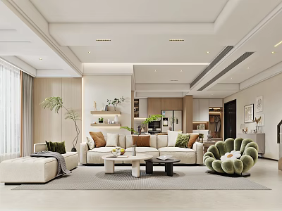Modern Living And Dining Room Interior With Cozy Sofa Coffee Table And Green Plants 3d model