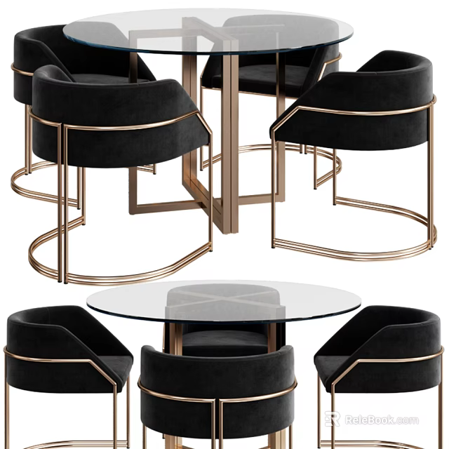 Modern Glass Top Table and Chair Set with Black Velvet Seats and Gold Metal Frames 3d model 