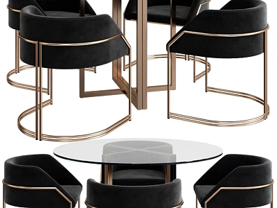 Modern Glass Top Table and Chair Set with Black Velvet Seats and Gold Metal Frames 3d model