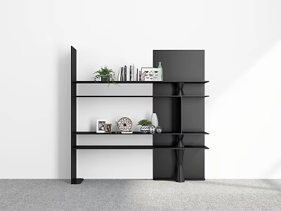 Modern Black Shelving Unit For Living Room With Books Green Plants And Photo Frames 3d model