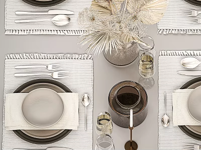 Modern Ceramic Dinnerware Set With Striped Placemats Decorative Glassware And Dried Plant Decor 3d model
