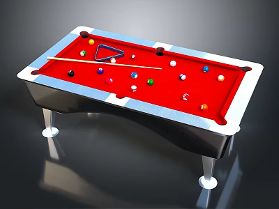 Modern Billiard Table With Red Felt Surface Colored Balls Triangle Rack And Cue Stick 3d model