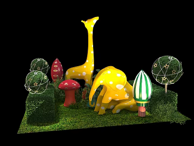 Fairy Themed Decorative Scene With Yellow Spotted Giraffe Elephant Red Mushrooms Lit Trees Green Lawn 3d model