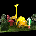 Fairy Themed Decorative Scene With Yellow Spotted Giraffe Elephant Red Mushrooms Lit Trees Green Lawn