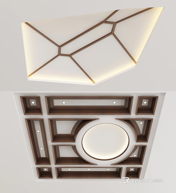 Modern Ceiling Design With Wooden Frames Geometric Patterns And Recessed Lighting 3d model