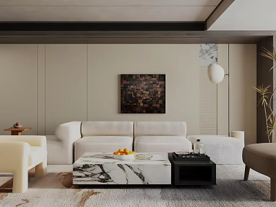 Modern Warm Neutral Living Room With Cream White Sofa And Luxury Marble Coffee Table 3d model