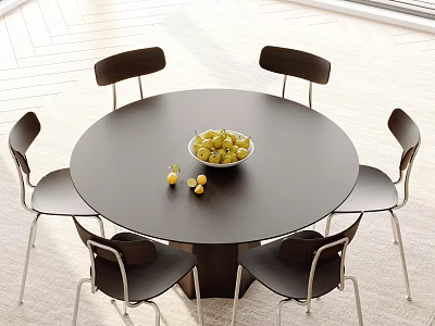 Round Black Dining Table Set With Six Black Chairs And Bowl Of Green Fruits 3d model