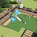 Fun Kids Play Area With Blue Slide Spring Riders Green Lawn And Playful Children