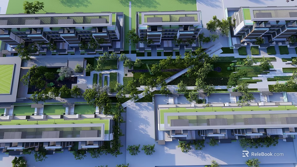 Modern Residential Landscape Design With Green Roofs Trees And Courtyard Areas 3d model 