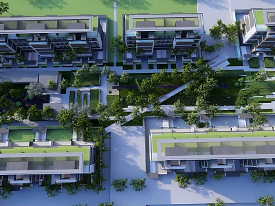 Modern Residential Landscape Design With Green Roofs Trees And Courtyard Areas 3d model