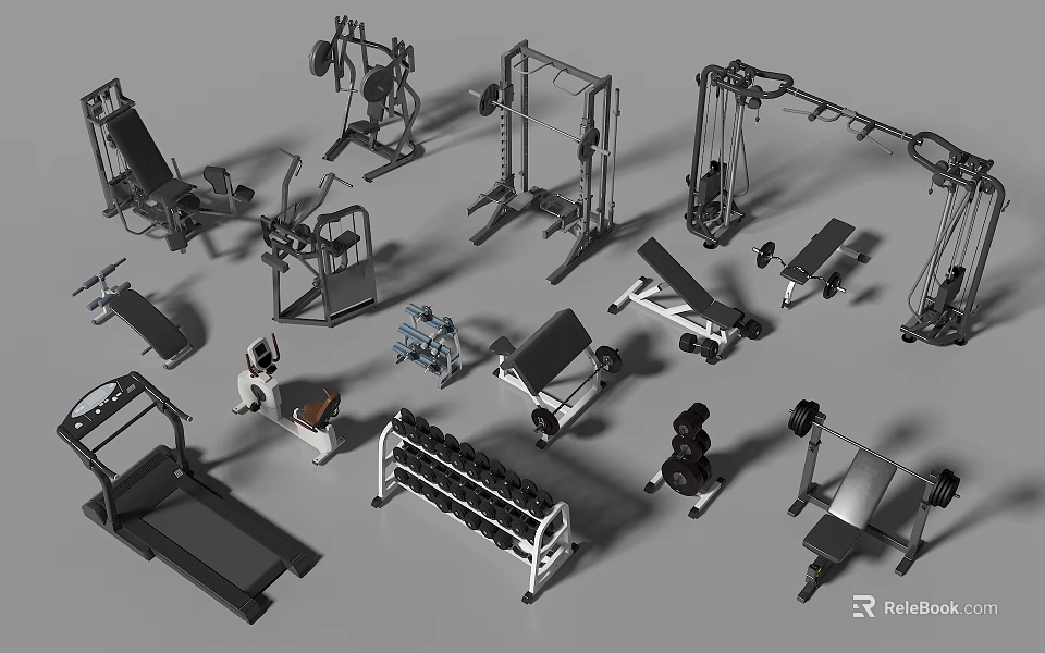 Variety of Fitness Equipment Including Treadmill Dumbbells Bench Press and Rowing Machine 3d model 
