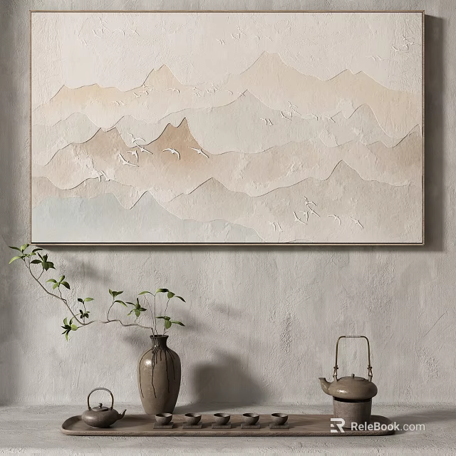 Chinese Style Interior With Textured Wall Mountain Painting Vase And Teapot 3d model 