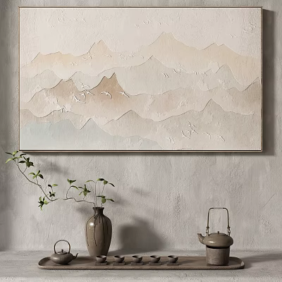 Chinese Style Interior With Textured Wall Mountain Painting Vase And Teapot 3d model