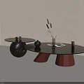 Modern Round And Oval Coffee Tables Featuring Black Woven Base Brown Tapered Legs With Decorative Vases