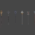 Ornate Weapon Collection Showcasing Various Staffs With Gemstone Inlays And Metal Accents