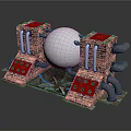 Industrial Equipment Setup Featuring Brick Bases Metal Sphere Red Panels Pipes And Chains