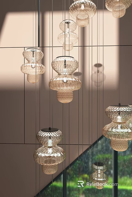 Elegant Modern Glass Pendant Lights With Intricate Textured Shades Hanging In Cluster 3d model 