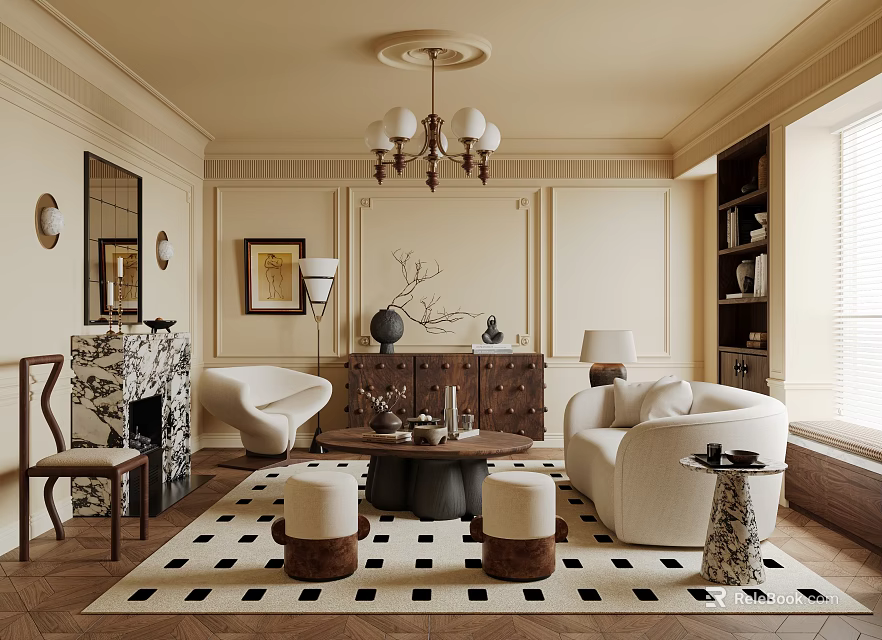 Elegant Living Room Interior With Decorative Paneled Walls Chandelier Fireplace Beige Sofa And Geometric Rug 3d model 