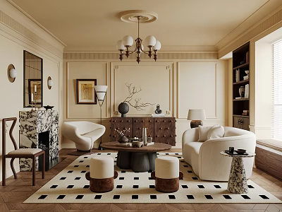 Elegant Living Room Interior With Decorative Paneled Walls Chandelier Fireplace Beige Sofa And Geometric Rug 3d model