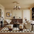 Elegant Living Room Interior With Decorative Paneled Walls Chandelier Fireplace Beige Sofa And Geometric Rug