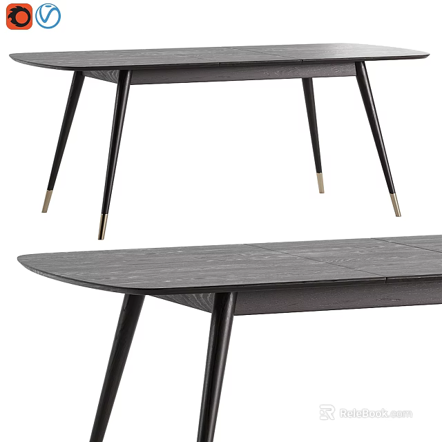 Modern Gray Wood Grain Dining Table With Slim Black Legs And Brass Tips Design 3d model 