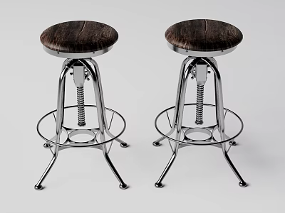 Modern Bar Stools With Wooden Seat And Chrome Metal Adjustable Spring Base 3d model