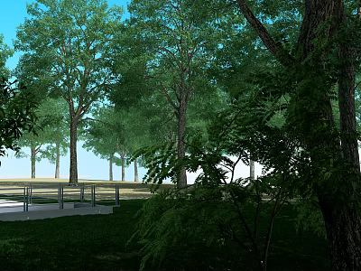 Scenic Park Landscape With Lush Green Trees Grass Path And Railing 3d model