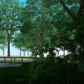 Scenic Park Landscape With Lush Green Trees Grass Path And Railing