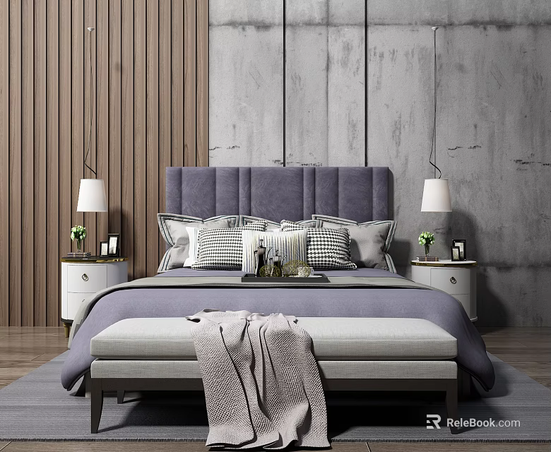 Plush Purple Headboard Double Bed With Nightstands Lamps Bench And Carpet In Modern Interior 3d model 