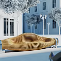Curved Wooden Landscape Seat With Wave Design In Outdoor Area Near White Building And Trees