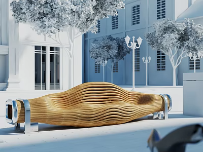 Curved Wooden Landscape Seat With Wave Design In Outdoor Area Near White Building And Trees 3d model