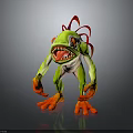 3D Green Monster Character With Red Spiky Hair Large Sharp Teeth And Orange Hands Feet