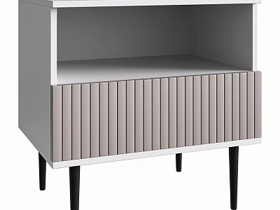 Modern Bedside Table Featuring Vertical Slat Drawer Light Gray White Finish Black Slender Legs 3d model
