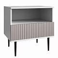 Modern Bedside Table Featuring Vertical Slat Drawer Light Gray White Finish Black Slender Legs