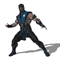 Game Movie Character In Blue Outfit With Black Mask And Combat Stance