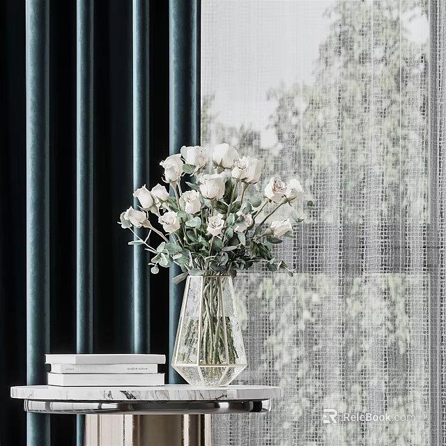 White Roses in Glass Vase by Window with Dark Curtain and Stack of Books 3d model 