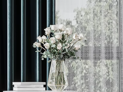 White Roses in Glass Vase by Window with Dark Curtain and Stack of Books 3d model