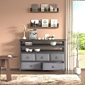 Modern Multi tiered Storage Cabinet With Drawers Open Shelves Books Bowls And Coffee Machine