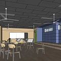 Modern Book Art Classroom Interior With Wooden Walls Blue Accents And Tables