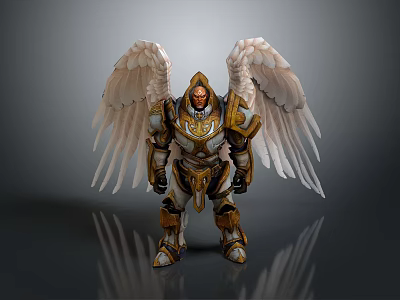 Angelic Warrior Character With Golden Armor And Large White Wings 3d model