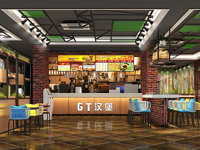 Burger Restaurant Interior Design With Brick Walls Open Counter Colorful Chairs And Menu Board 3d model