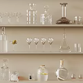 Elegant Transparent Glassware Display On Shelf With Bottles Wine Glasses And Decanters