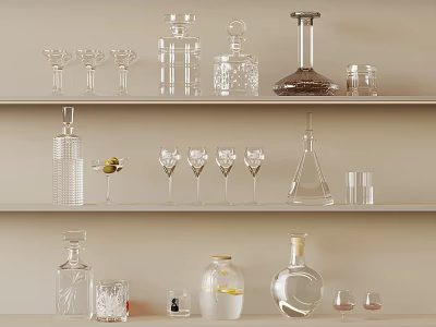 Elegant Transparent Glassware Display On Shelf With Bottles Wine Glasses And Decanters 3d model
