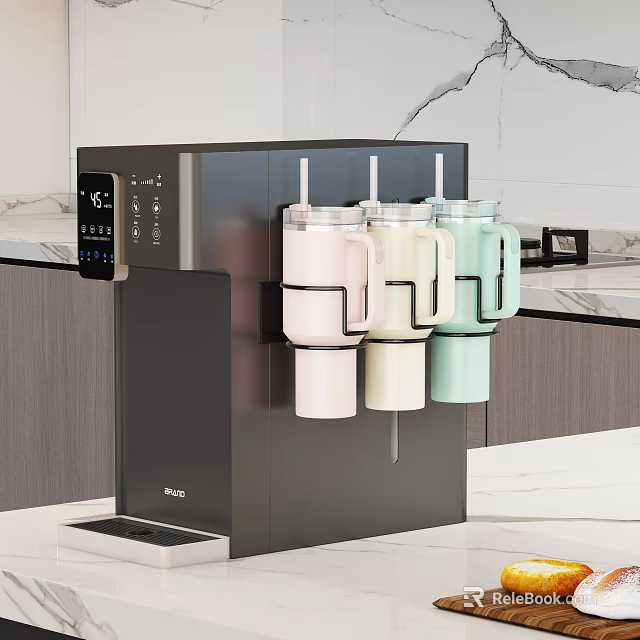 Modern Black Kitchen Shelf With Colorful Cups In Pink Beige And Light Green 3d model 