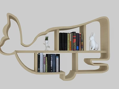 Wooden Bookshelf With Unique Curved Design Books Rabbit Figurine And Small Plant 3d model