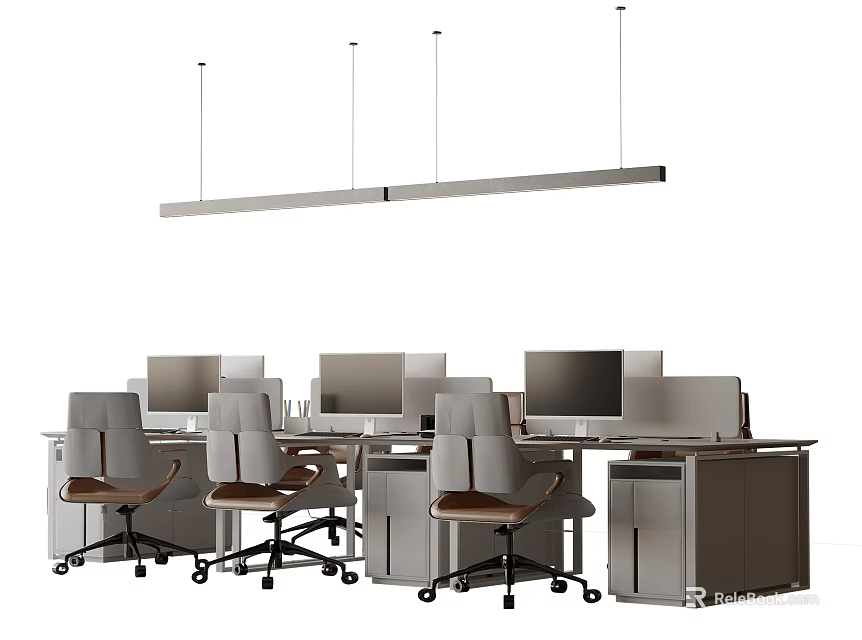 Modern Office Desk Setup With Multiple Workstations Monitors And Ergonomic Chairs 3d model 